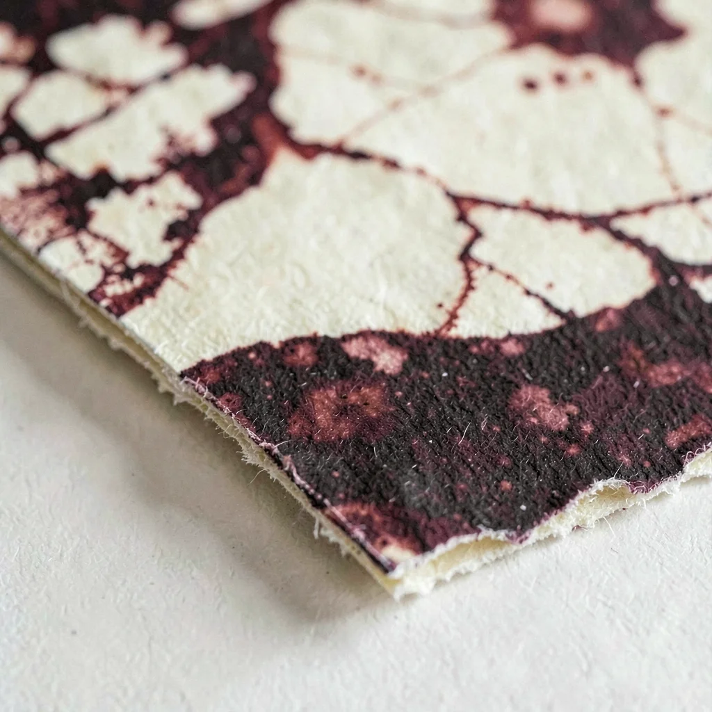 Paper close-up of a marbled endpaper in oxblood and cream, faint deckle visible 