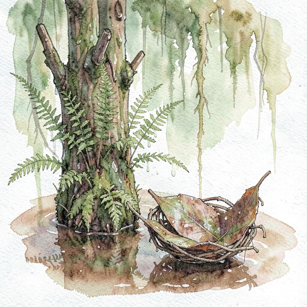 Damp cypress knee covered in tiny ferns rises beside a fallen leaf cradle where 