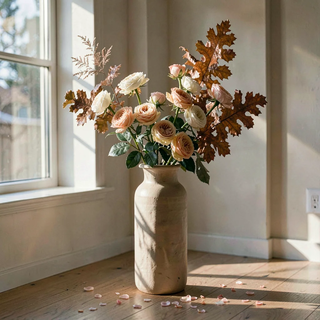 Tall vellum vase holding a sweep of garden roses, smoke-bush, and copper beech, 