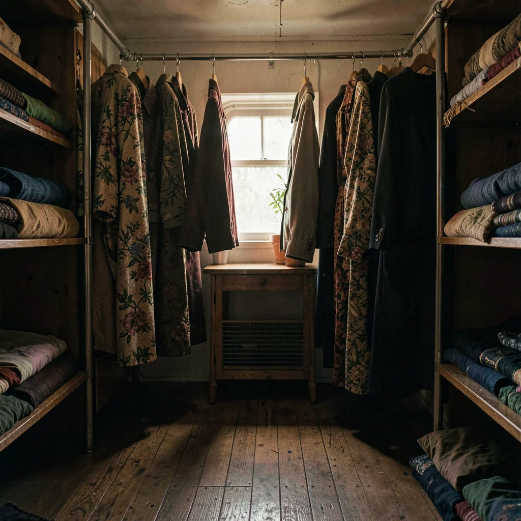 Atmospheric interior of the back-room steamer rack with hung silks catching low 