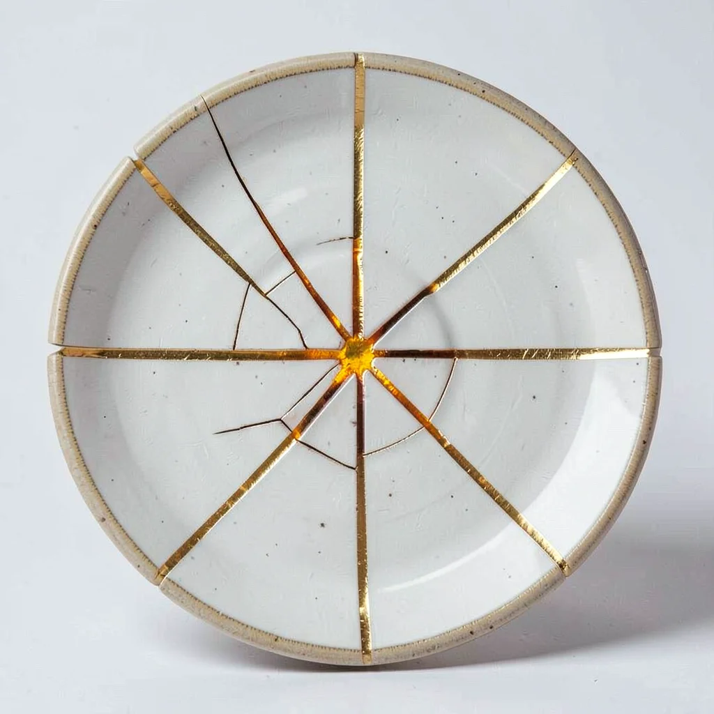 Broken ceramic plate reassembled — gold lines radiating from central fracture po
