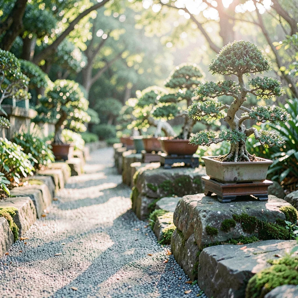 Garden walkway lined with display stones holding individual bonsai trees, soft a
