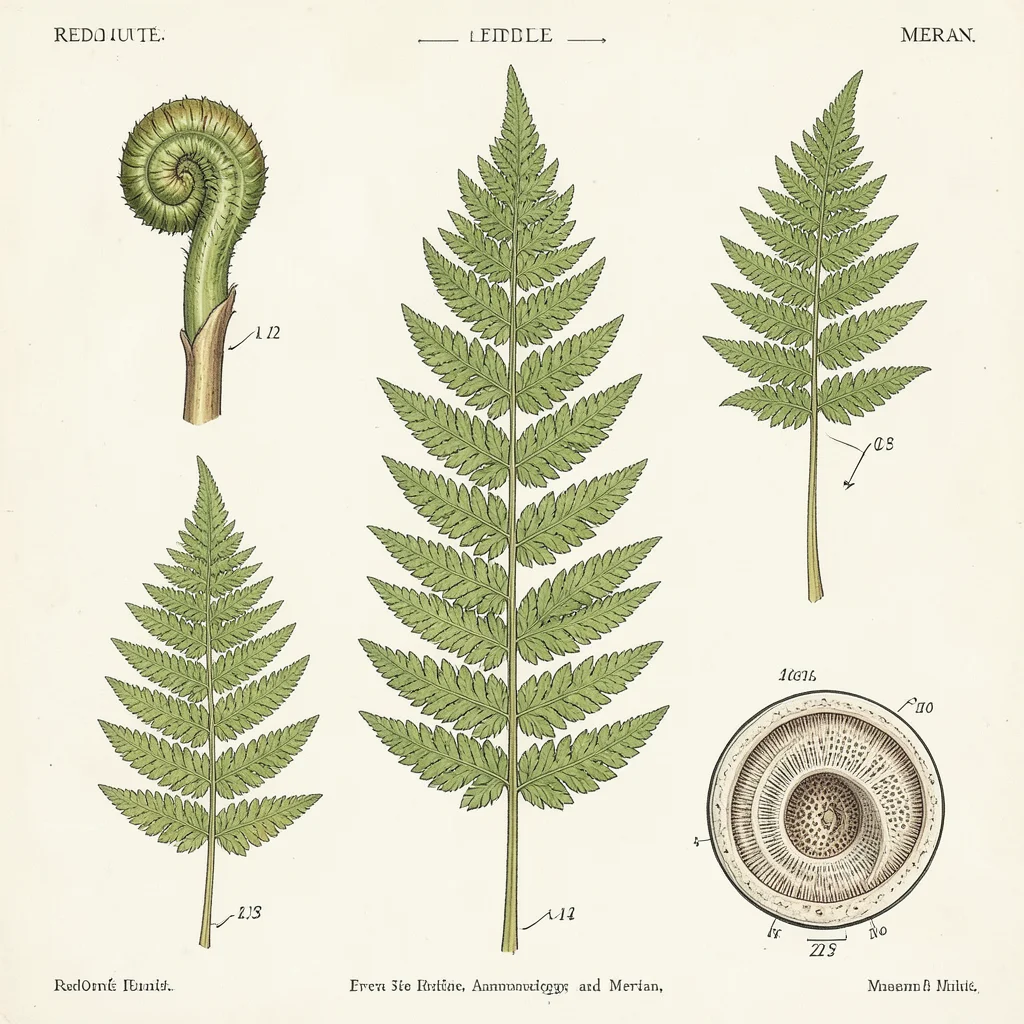 A fern unfolding: five stages from tight fiddlehead to fully unfurled frond on a