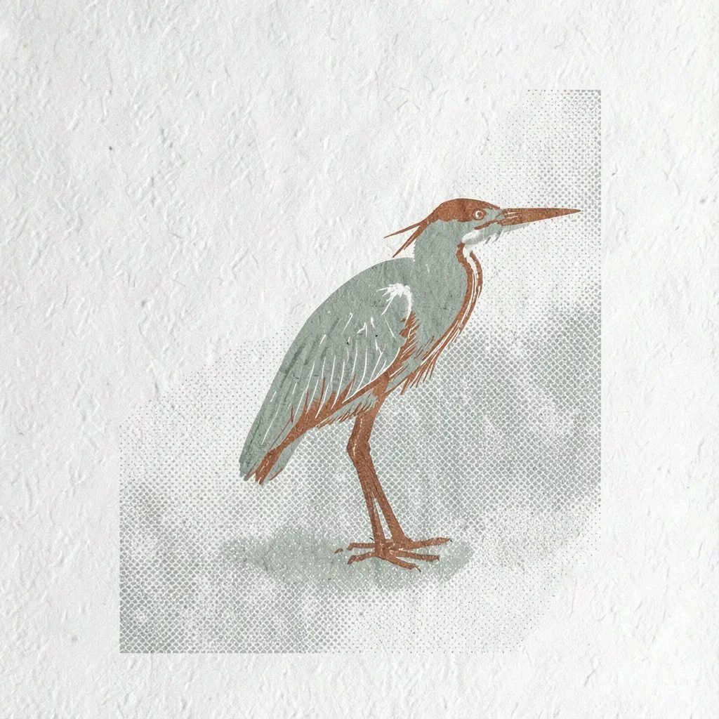 Two-color screenprint motif of a small heron silhouette in sage and rust over ha