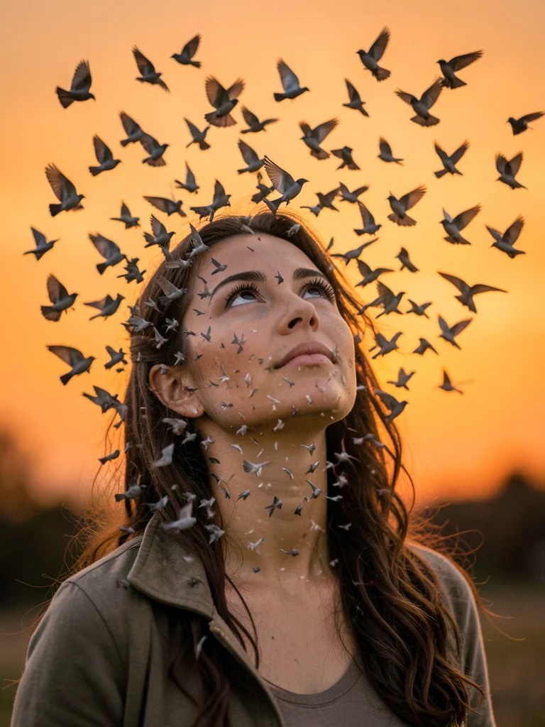 Woman looking up, her face dissolving into a flock of starlings against ...