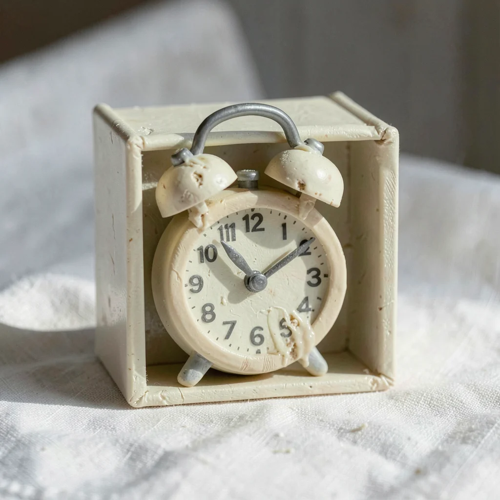 Boxed oat-cream alarm clock with a slumped face and thumb dents along the bells,