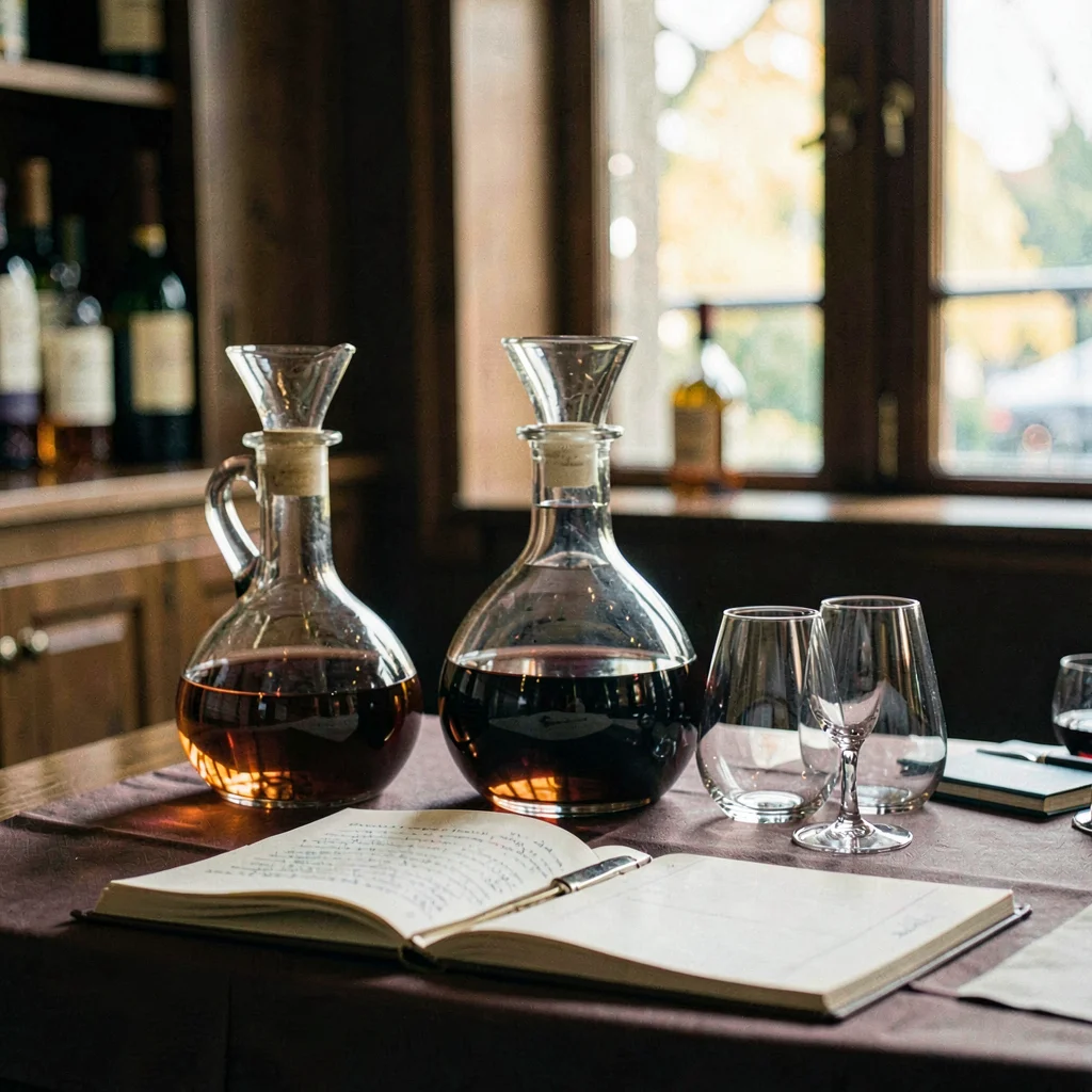 Atmospheric scene of a sommelier's station with decanters, glasses, and a ledger