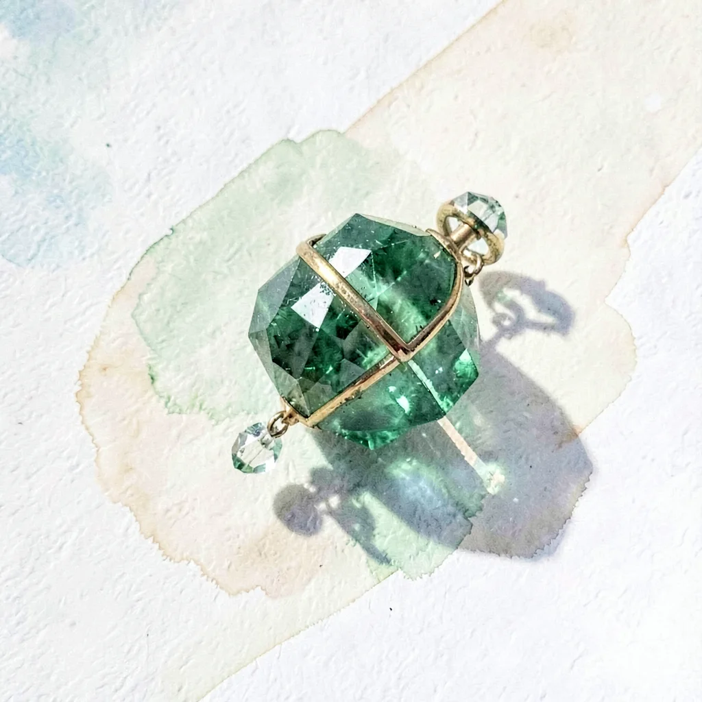 Petite peridot lowpoly tambourine with a small faceted ring and crystalline jing
