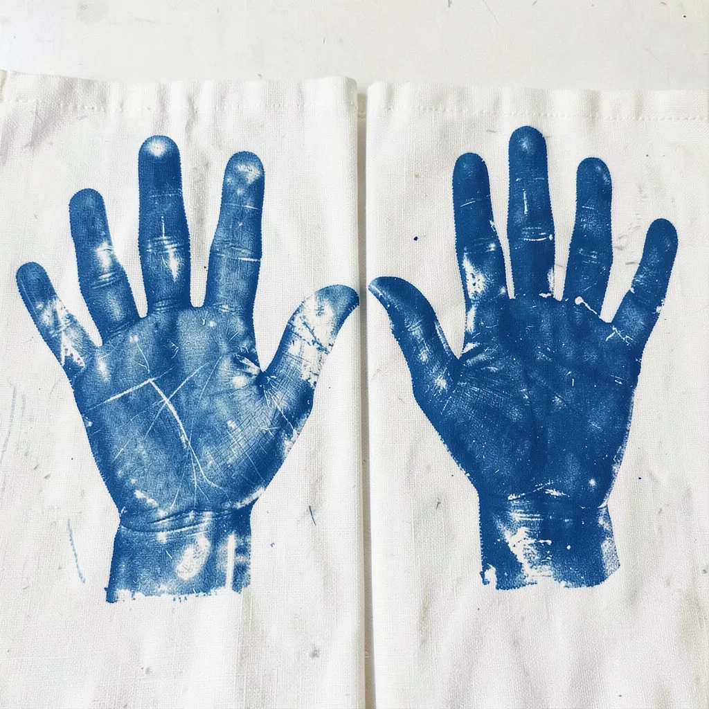 A child's hand and an adult's hand — two scales of cyanotype body print side by 