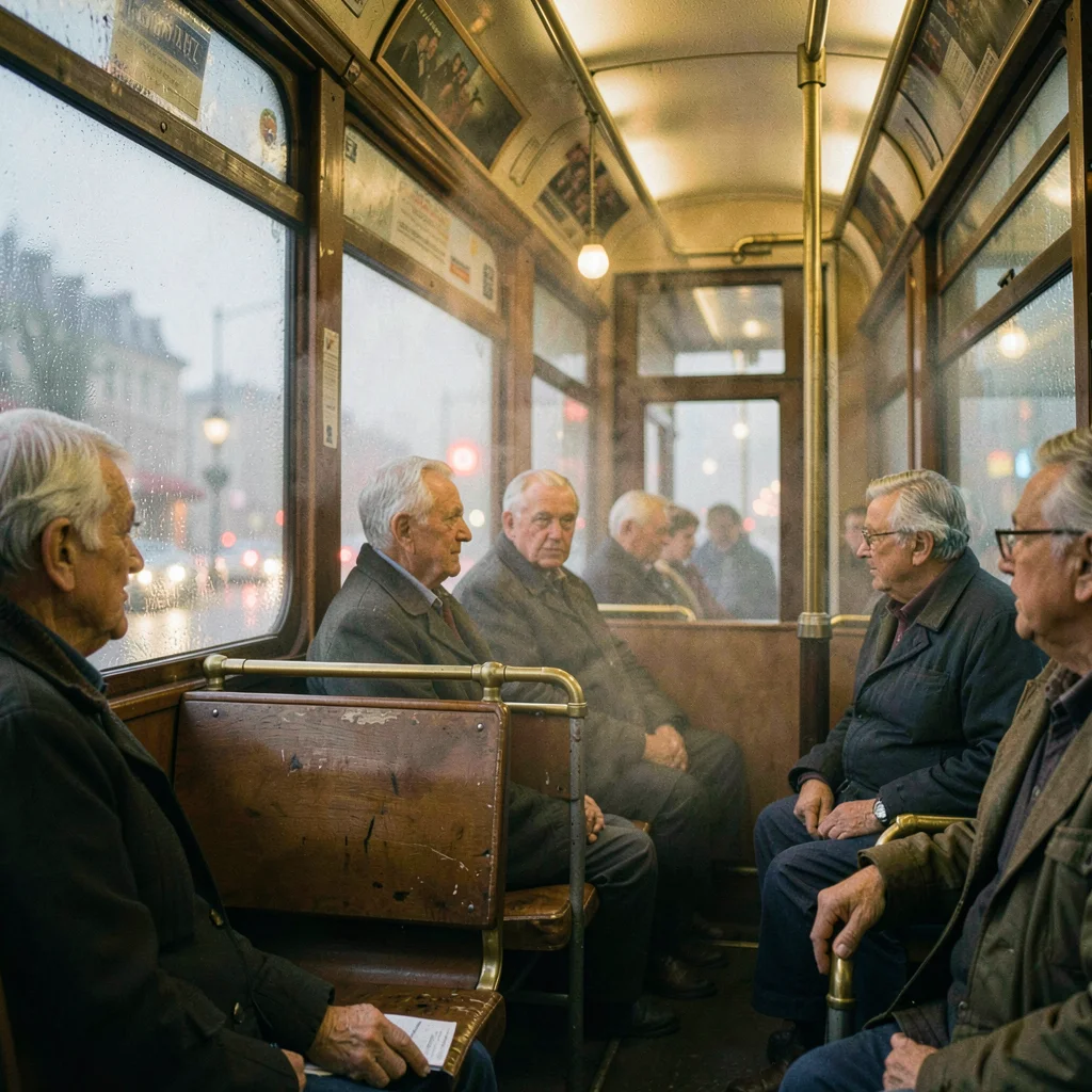Humid atmospheric scene, Central European grandeur, Tram interior with worn wood