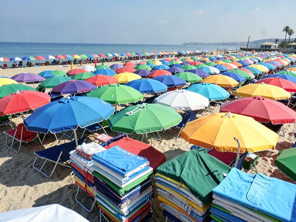 Beach umbrellas stacked in tight rows