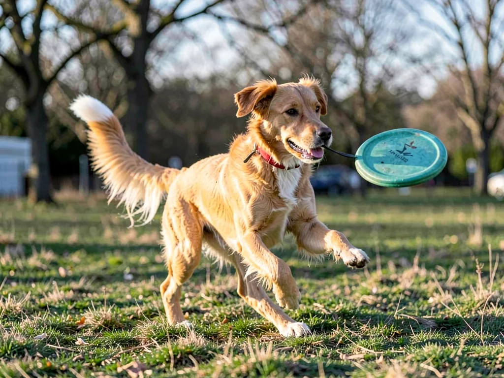 Dog catching a frisbee, the moment of capture stretched across the frame