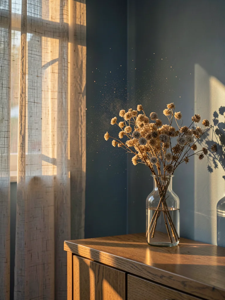 Dried flower vase in morning window light