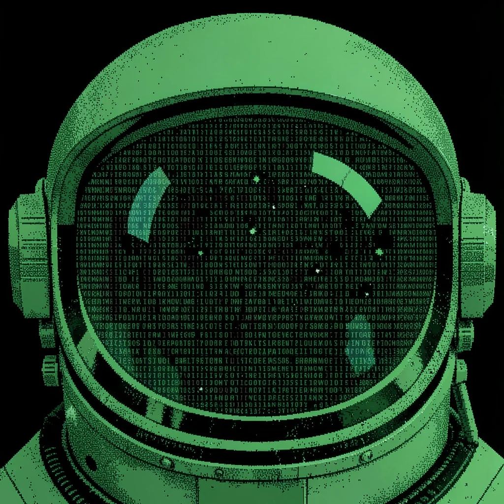 An astronaut helmet visor close-up in dense ASCII, the reflection of space visib