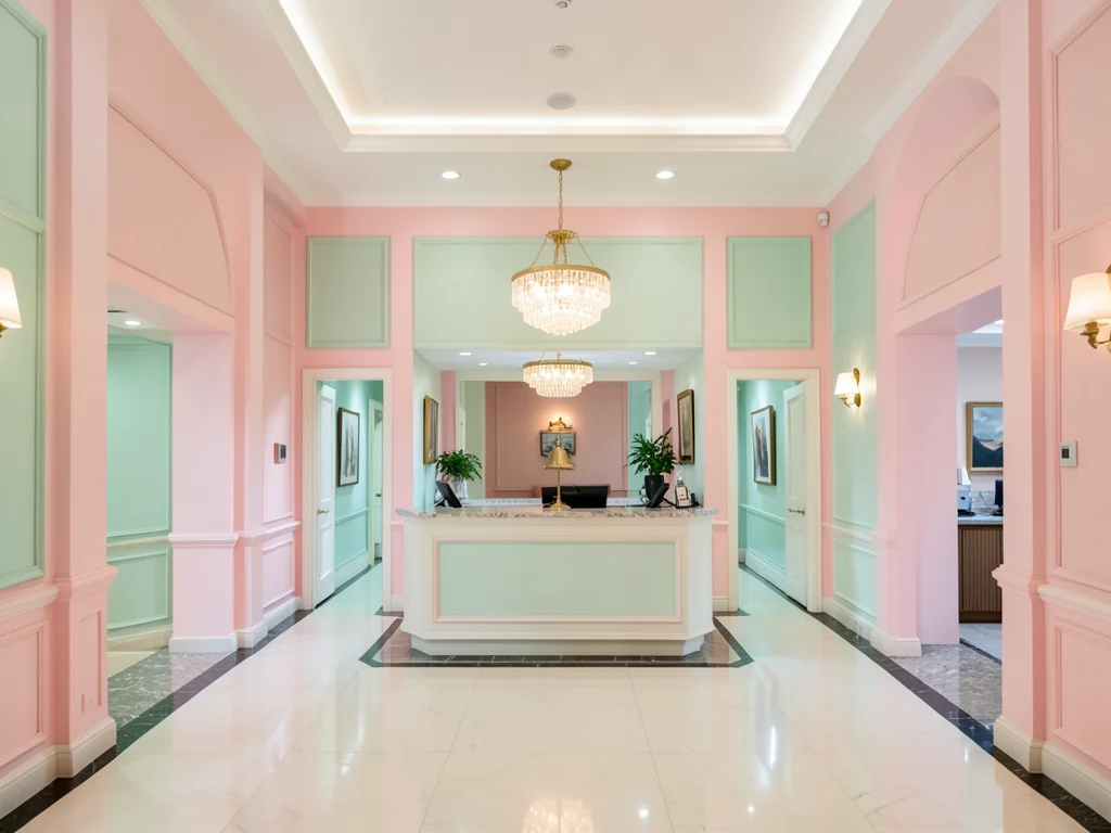 Perfectly symmetrical hotel lobby in pastel pink and mint green, bell counter ce