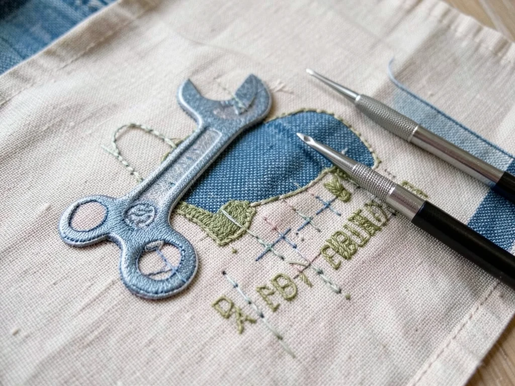 Embroidered workshop tools on denim, chain stitch wrench, satin stitch screwdriv