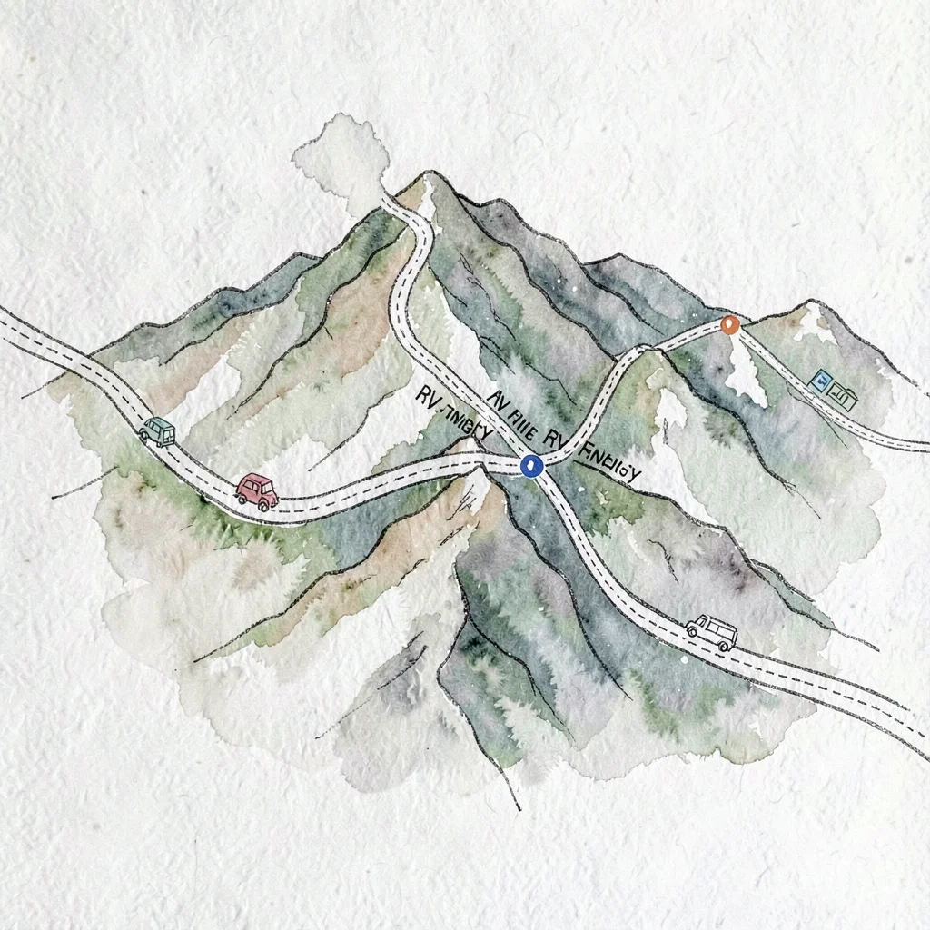 Watercolor map of a mountain range crossing with switchbacks and RV-friendly mar