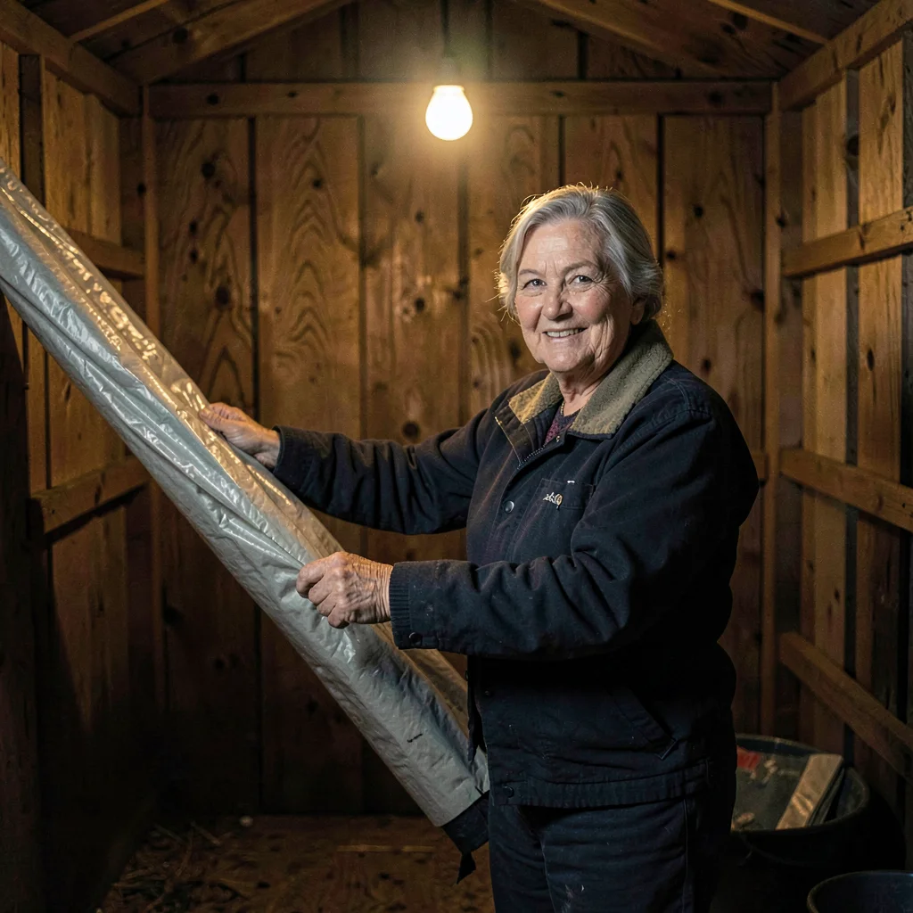 Sigrid-lampline portrait of a senior groundskeeper hanging a roller-tarp in a qu