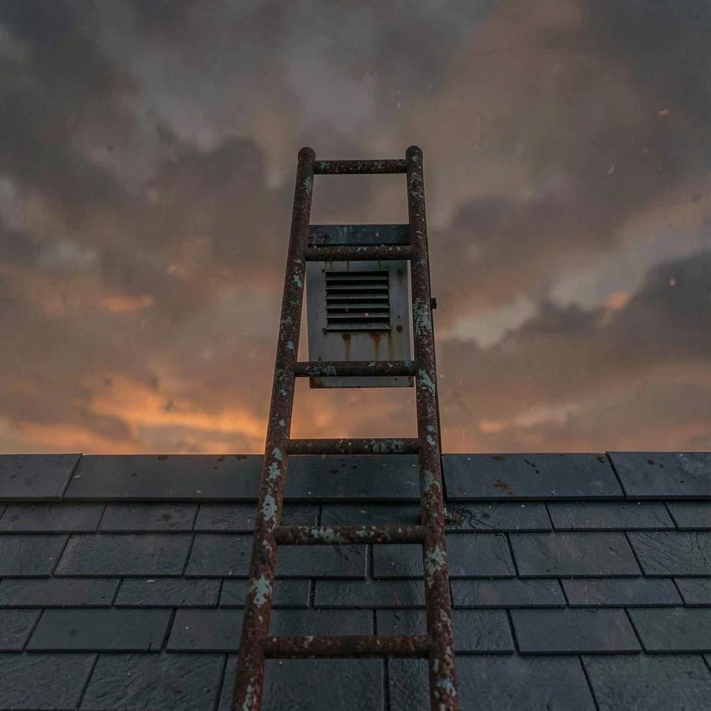 A rusted rooftop ladder leading up to a small cooling vent against an ember-ambe