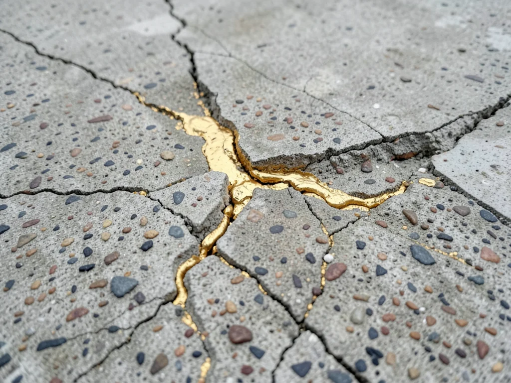 Cracked concrete repaired with gold-colored epoxy injection, kintsugi philosophy