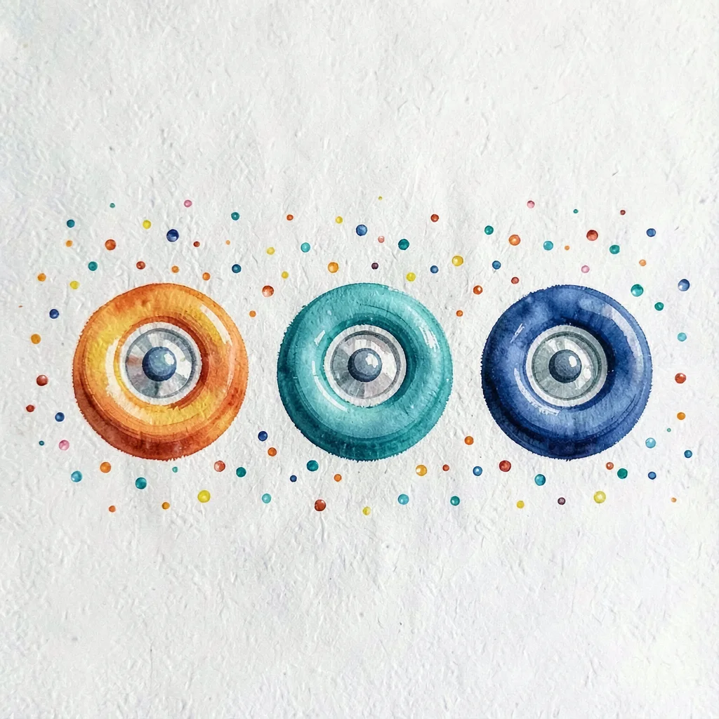 Gouache scene of three small wheels in a row, graduated rind tones, micro-confet
