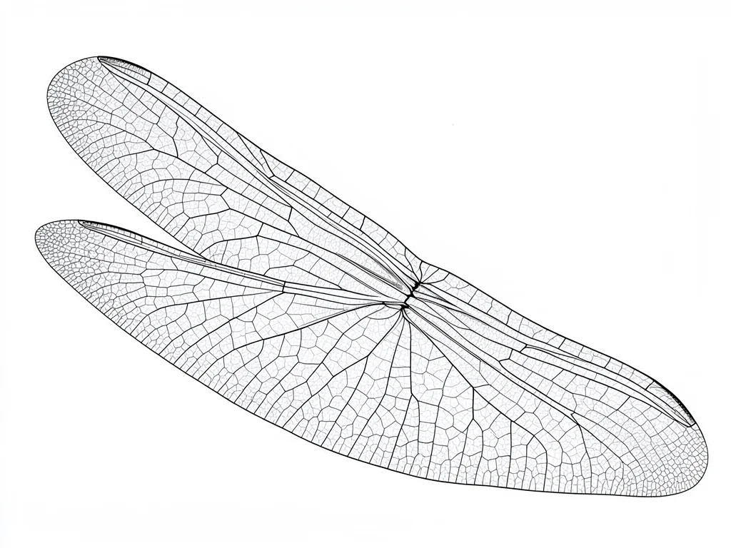 A blueprint of a single dragonfly wing isolated in flat projection, vein lattice