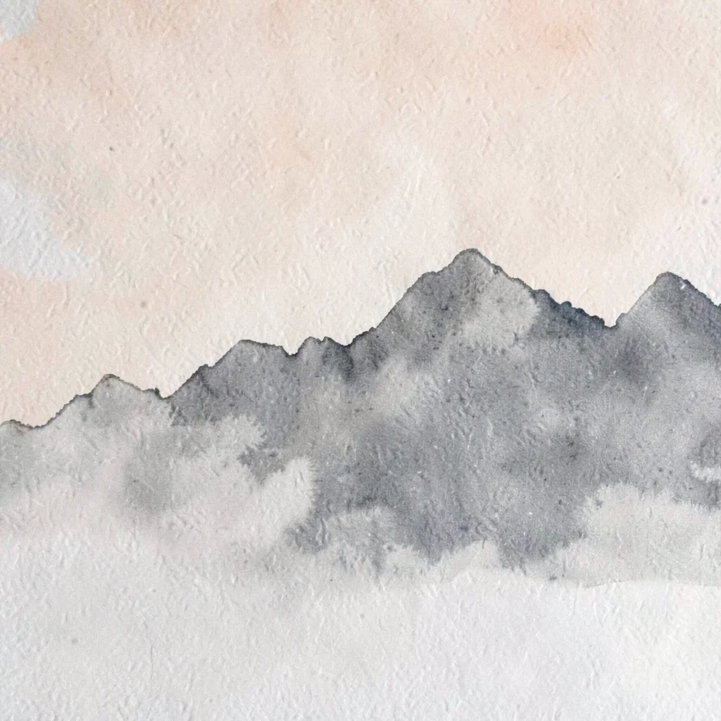 A serrated mountain ridge silhouette runs across the upper-fifth in pale charcoa