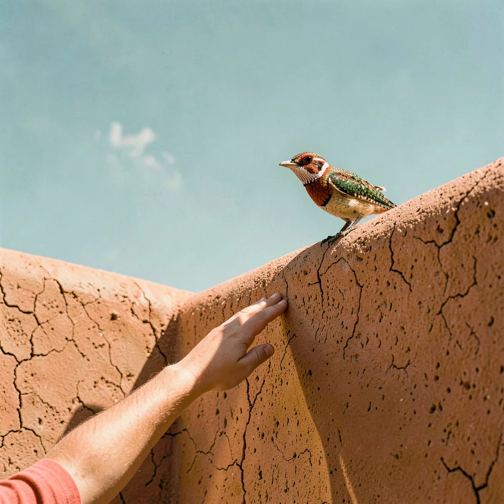 Santa Fe adobe warmth, high desert light clarity, Child hand reaching toward a r