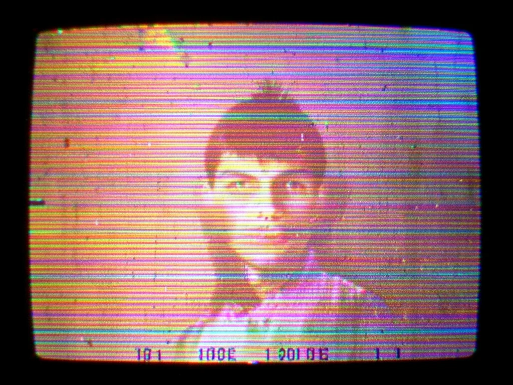 Frozen frame with heavy tracking noise, image barely recognizable beneath rollin