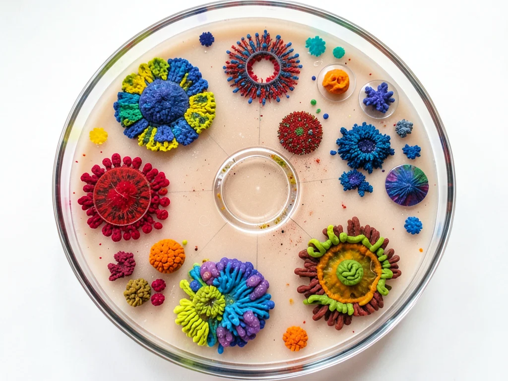 Inhibition zone experiment, bacterial lawn with clear halos around antibiotic di
