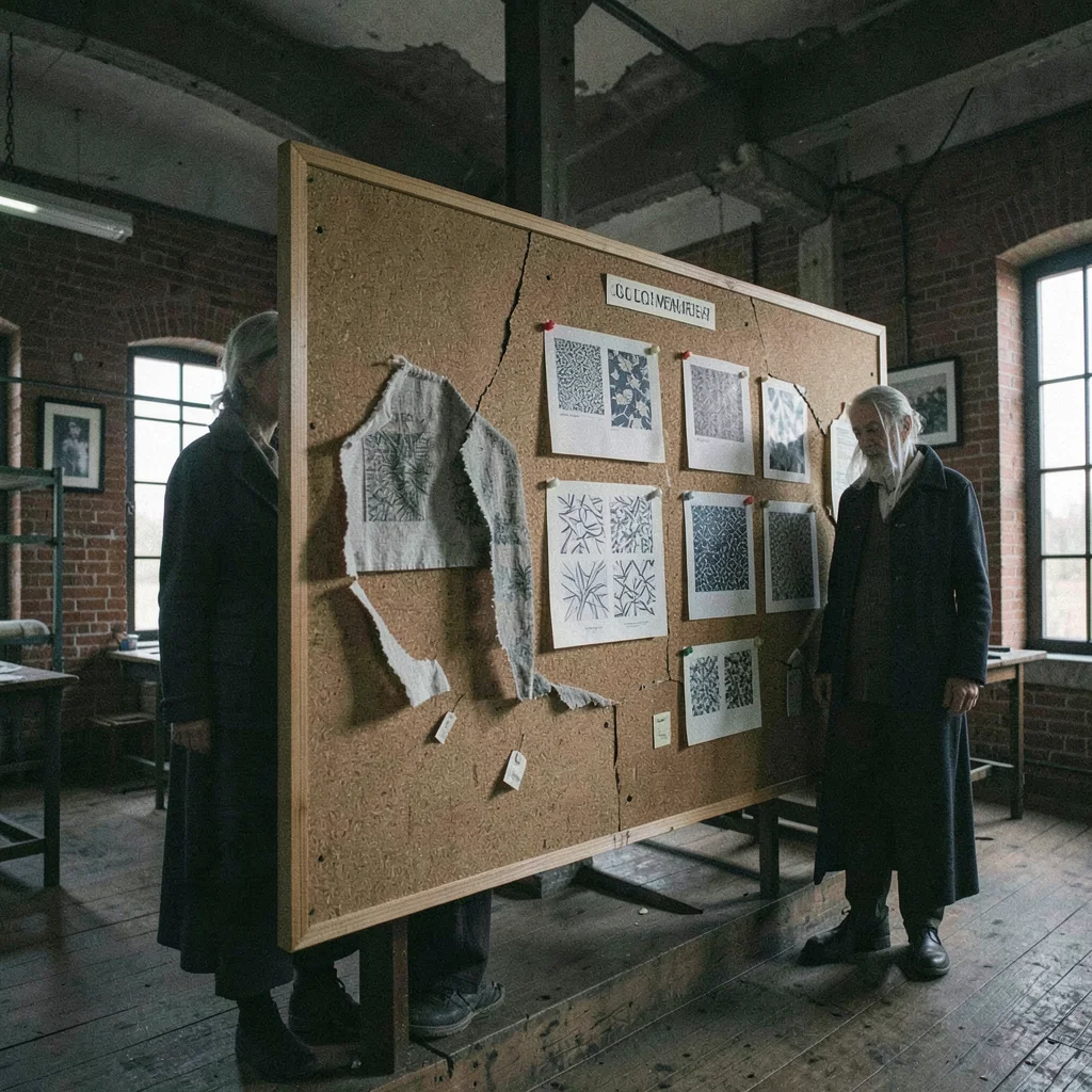 Textile factory ghosts in industrial Łódź, textile pattern samples pinned to cru