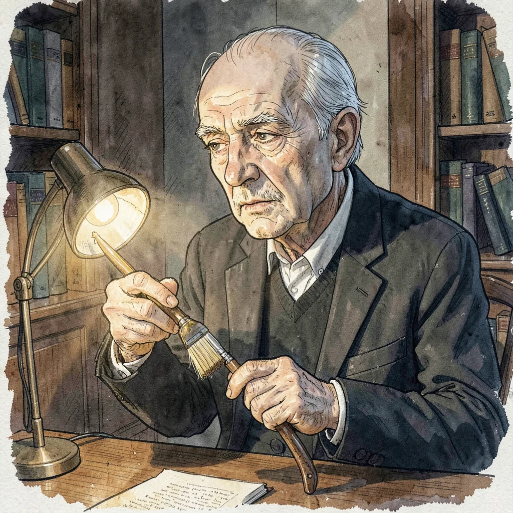 A patient white librarian in his fifties repairing a cracked spine with paste, l
