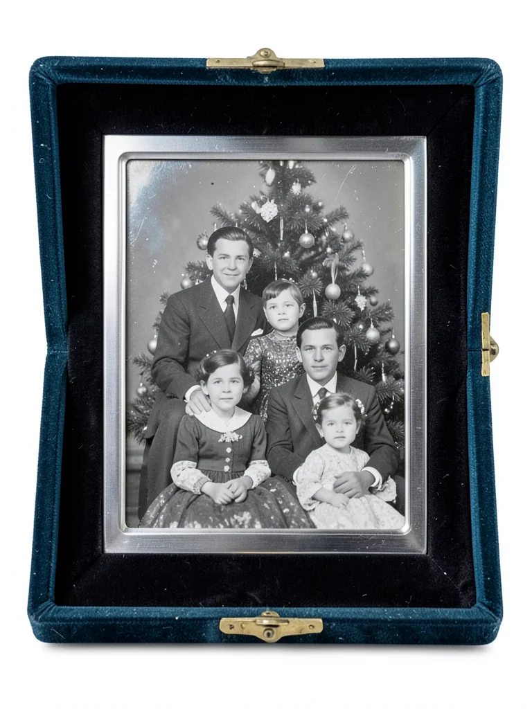 Daguerreotype-style Christmas family portrait, formal Victorian holiday pose
