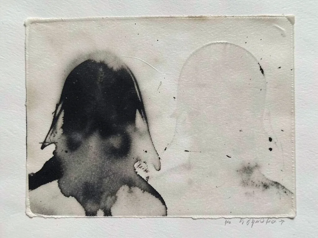 Double ghost print, third pull from same plate showing barely-there traces, ink 