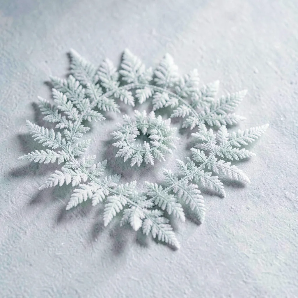 A fern-frost spiral coiling tightly across pale grey cold surface, every micro-v