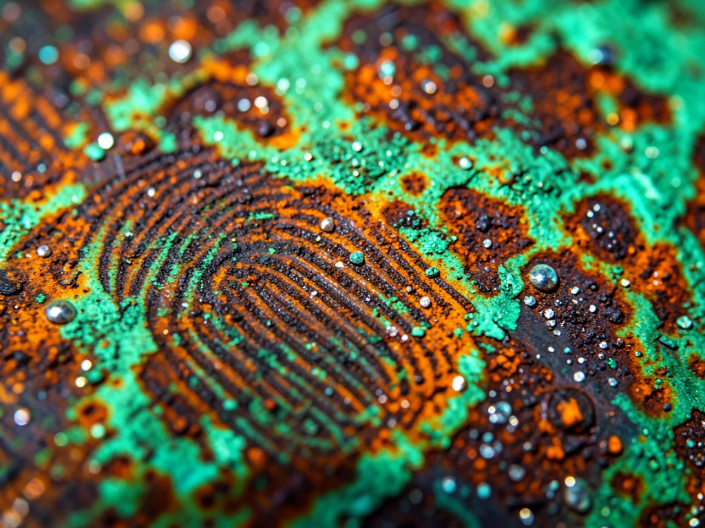 Brass patina with fingerprint marks, each touch point showing bright metal throu