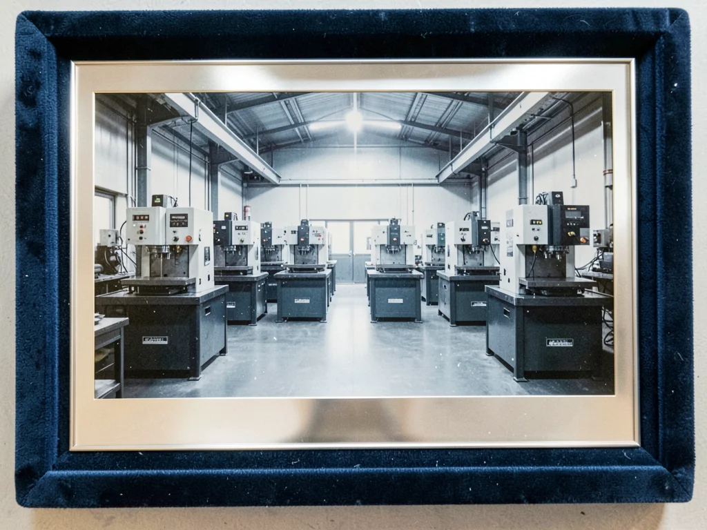 A row of eight identical CNC milling machines in a precision workshop, photograp