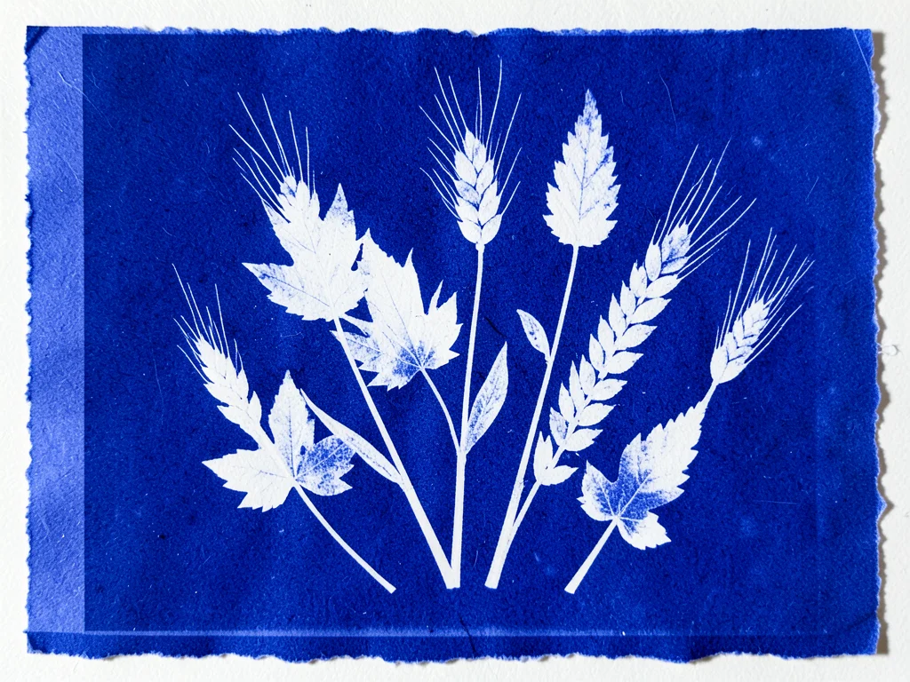 Sun-printed arrangement of autumn leaves and wheat stalks, Prussian blue
