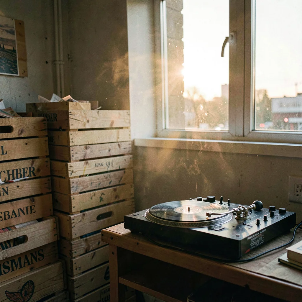 Atmospheric station corner at sunrise with a stack of vinyl crates and a turntab
