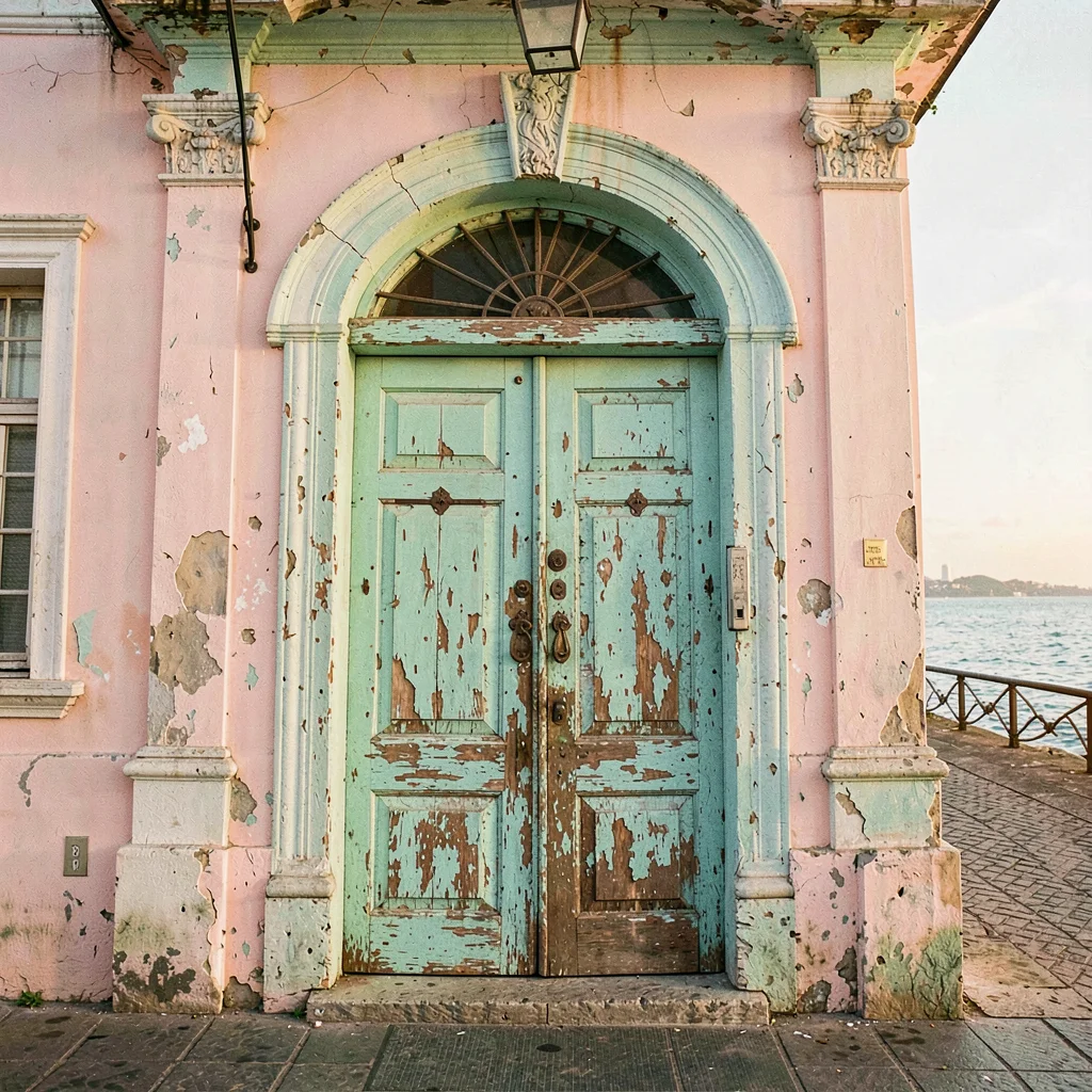Faded pastel decay of Havana, Cuba, Colonial doorway in Centro Habana, peeling t