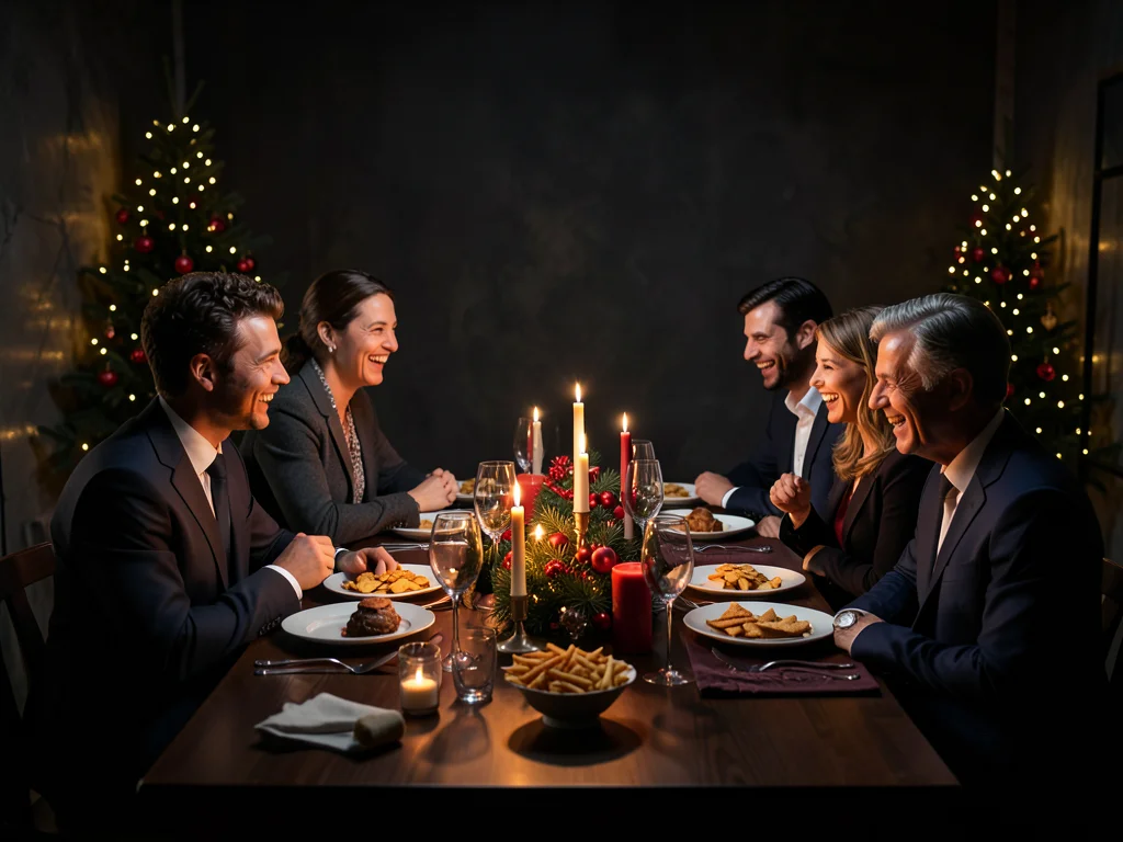 Extended family around holiday dinner table, crackers, candles, laughter