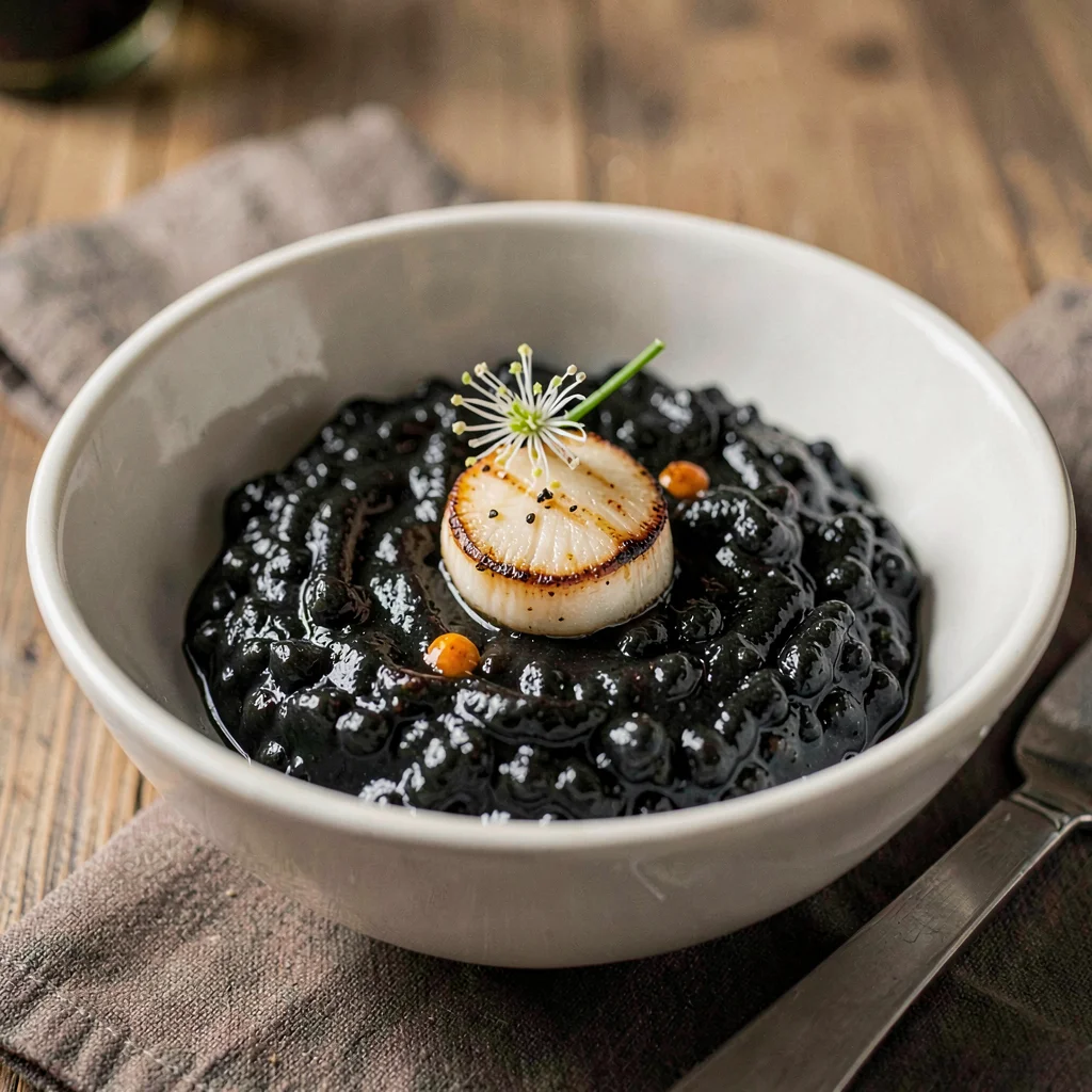 Bowl of jet-black squid-ink risotto with a glistening seared scallop on top, a t