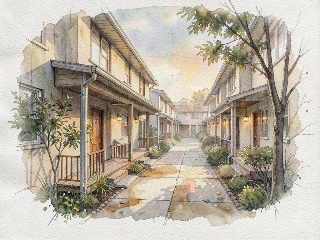 Atmospheric watercolor of a courtyard pathway lined with cohousing units, warm p