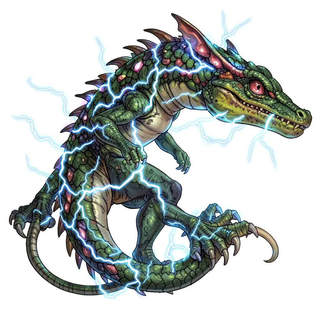 Fantasy creature illustration, an electric eel dragon hybrid, crackling with bio