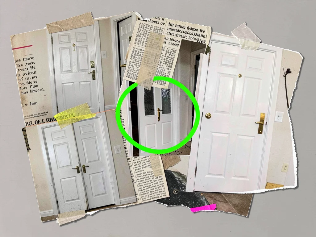 Layered collage of multiple identical doors photographed at different scales, ta