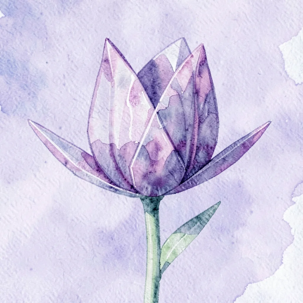 Single amethyst lowpoly tulip in stiff bloom with violet internal facets visible