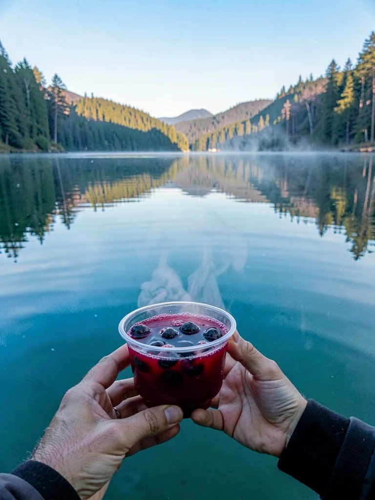 Finnish lake mirror, dead-calm reflection, hands holding a cup of warm berry jui