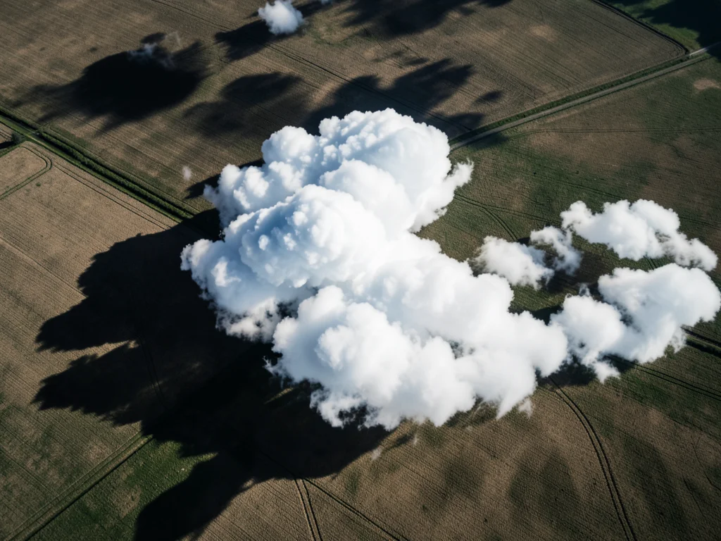 Cloud shadows on flat farmland from above — distinct dark patches moving across 