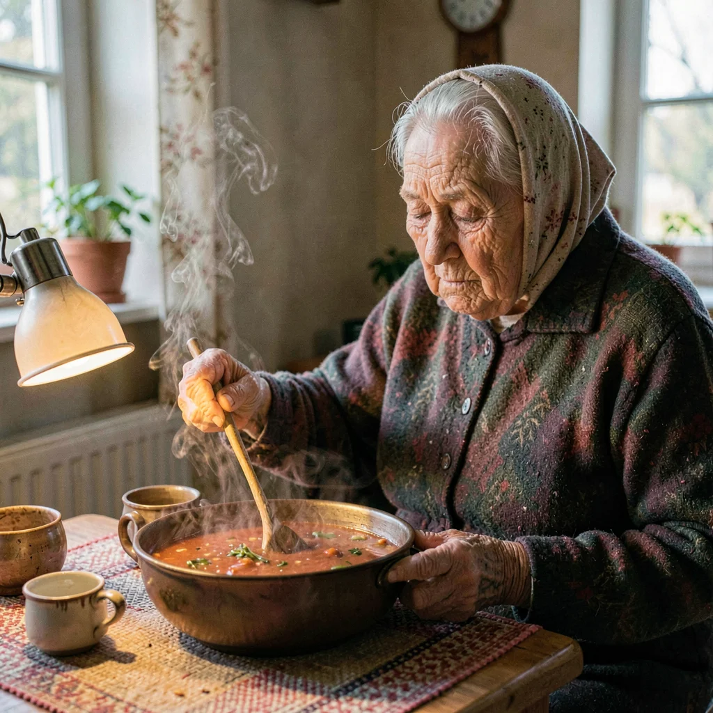 A wistful Russian babushka in her eighties stirring borscht, lamp catching the c