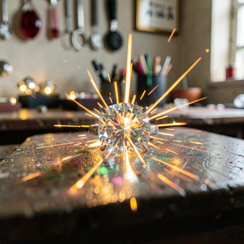 Through the Jaipur gem cutter's eye, faceted light, A finished diamond ring held
